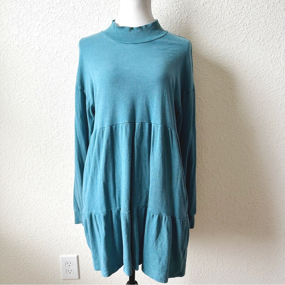 Wild Fable • Teal Tiered Babydoll Dress Mock Neck Long Sleeve Boho Mini Dress